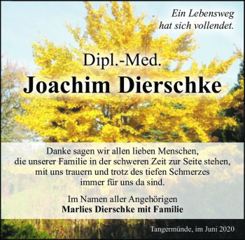 Traueranzeige von Dipl.-Med. Joachim Dierschke  von Magdeburger Volksstimme