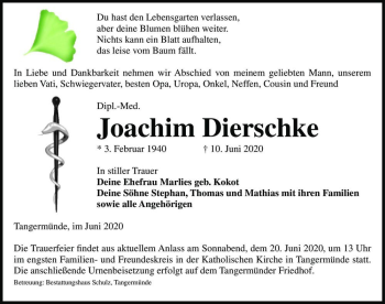 Traueranzeige von Dipl.-Med. Joachim Dierschke  von Magdeburger Volksstimme