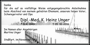 Traueranzeige von Dipl.-Med. K. Heinz Unger  von Magdeburger Volksstimme