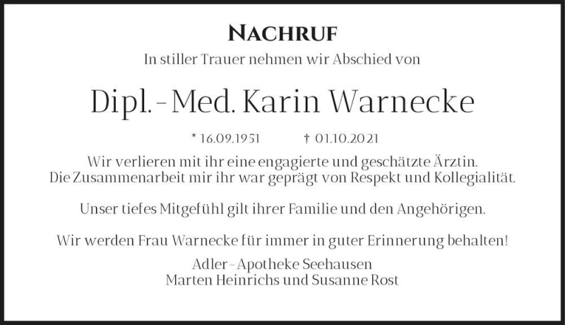  Traueranzeige für Dipl.-Med. Karin Warnecke  vom 23.10.2021 aus Magdeburger Volksstimme
