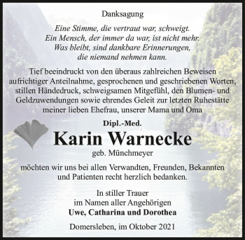 Traueranzeige von Dipl.-Med. Karin Warnecke (geb. Münchmeyer)  von Magdeburger Volksstimme