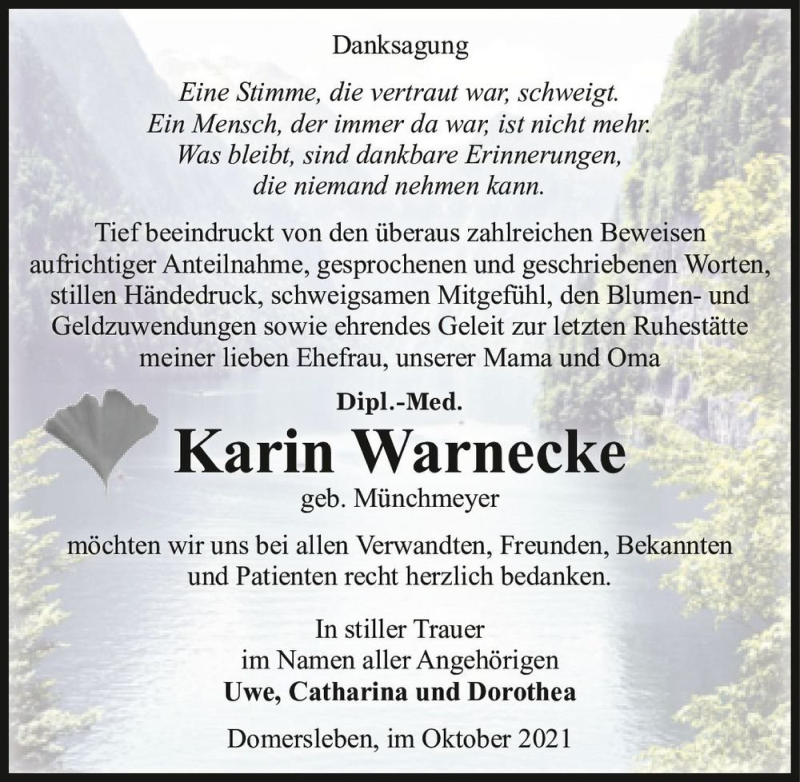  Traueranzeige für Dipl.-Med. Karin Warnecke (geb. Münchmeyer)  vom 23.10.2021 aus Magdeburger Volksstimme