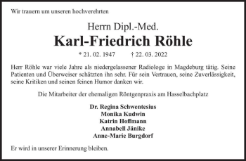 Traueranzeige von Dipl.-Med. Karl-Friedrich Röhle  von Magdeburger Volksstimme