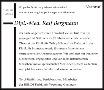 Traueranzeige von Dipl.-Med. Ralf Bergmann  von Magdeburger Volksstimme