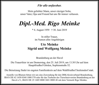 Traueranzeige von Dipl.-Med. Rigo Meinke  von Magdeburger Volksstimme