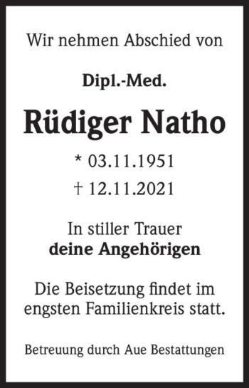 Traueranzeige von Dipl.-Med. Rüdiger Natho  von Magdeburger Volksstimme