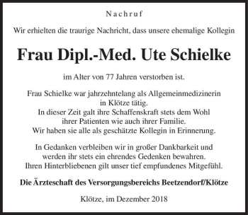 Traueranzeige von Dipl.-Med. Ute Schielke  von Magdeburger Volksstimme