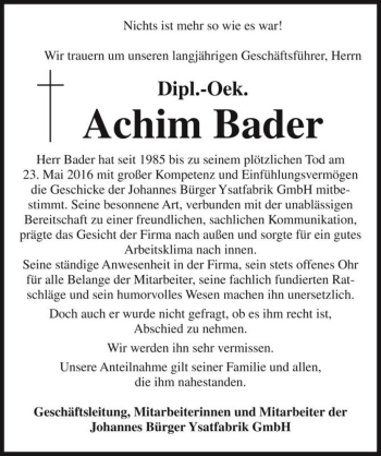 Traueranzeige von Dipl.-Oek. Achim Bader  von Magdeburger Volksstimme