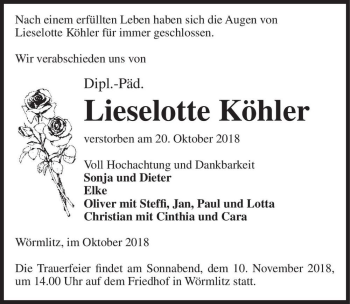 Traueranzeige von Dipl.-Päd. Lieselotte Köhler  von Magdeburger Volksstimme