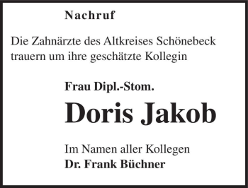 Traueranzeige von Dipl.-Stom. Doris Jakob  von Magdeburger Volksstimme