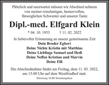 Traueranzeige von Dipl.-med. Elfgard Klein  von Magdeburger Volksstimme