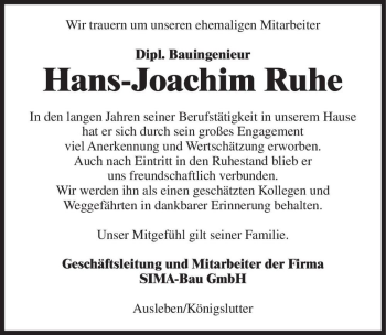 Traueranzeige von Dipl. Bauingenieur Hans-Joachim Ruhe  von Magdeburger Volksstimme