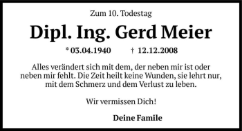 Traueranzeige von Dipl. Ing. Gerd Meier  von Magdeburger Volksstimme