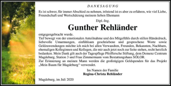 Traueranzeige von Dipl. Ing. Gunther Rehländer  von Magdeburger Volksstimme