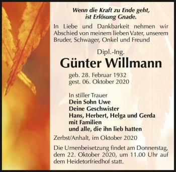 Traueranzeige von Dipl.Ing. Günter Willmann  von Magdeburger Volksstimme
