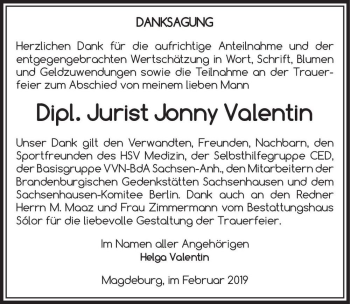 Traueranzeige von Dipl. Jurist Jonny Valentin  von Magdeburger Volksstimme