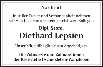 Traueranzeige von Dipl. Stom. Diethard Lepsien  von Magdeburger Volksstimme