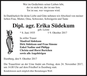 Traueranzeige von Dipl. agr. Erika Südekum (geb. Leiste)  von Magdeburger Volksstimme