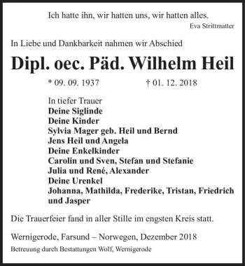 Traueranzeige von Dipl. oec. Päd. Wilhelm Heil  von Magdeburger Volksstimme