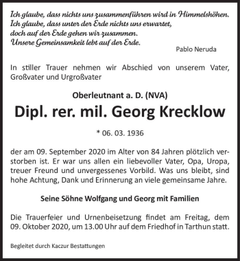 Traueranzeige von Dipl. rer. mil. Georg Krecklow  von Magdeburger Volksstimme