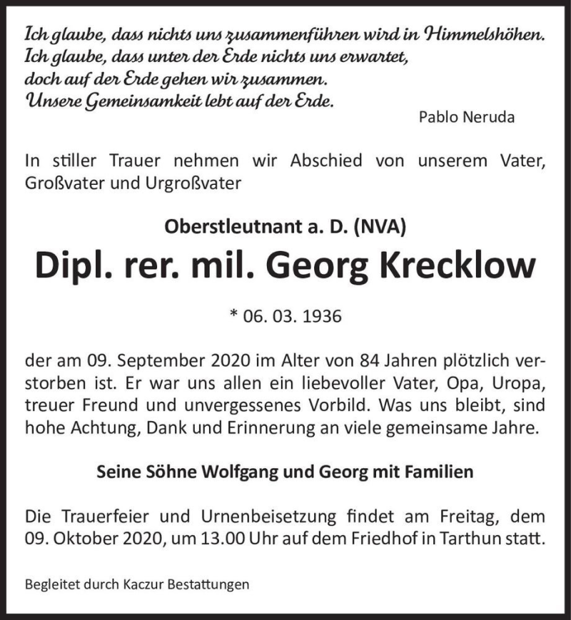  Traueranzeige für Dipl. rer. mil. Georg Krecklow  vom 28.09.2020 aus Magdeburger Volksstimme