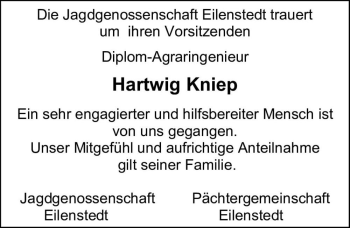 Traueranzeige von Diplom-Agraringenieur Hartwig Kniep  von Magdeburger Volksstimme