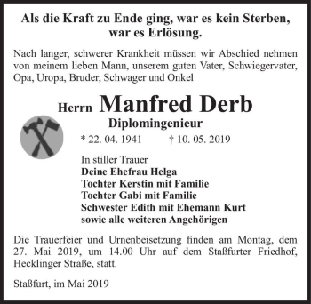 Traueranzeige von Diplomingenieur Manfred Derb  von Magdeburger Volksstimme