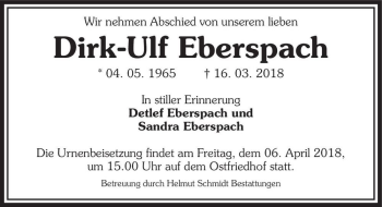 Traueranzeige von Dirk-Ulf Eberspach  von Magdeburger Volksstimme