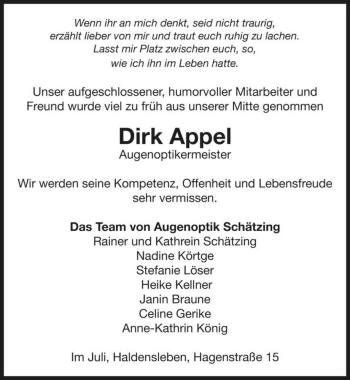 Traueranzeige von Dirk Appel  von Magdeburger Volksstimme