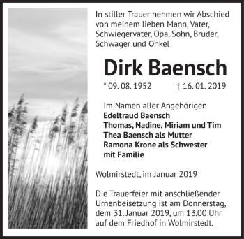Traueranzeige von Dirk Baensch  von Magdeburger Volksstimme
