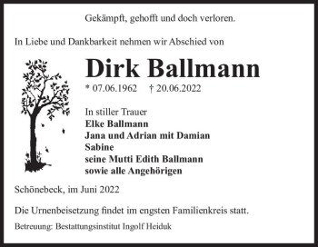 Traueranzeige von Dirk Ballmann  von Magdeburger Volksstimme