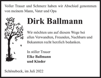 Traueranzeige von Dirk Ballmann  von Magdeburger Volksstimme