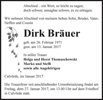 Traueranzeige von Dirk Bräuer  von Magdeburger Volksstimme
