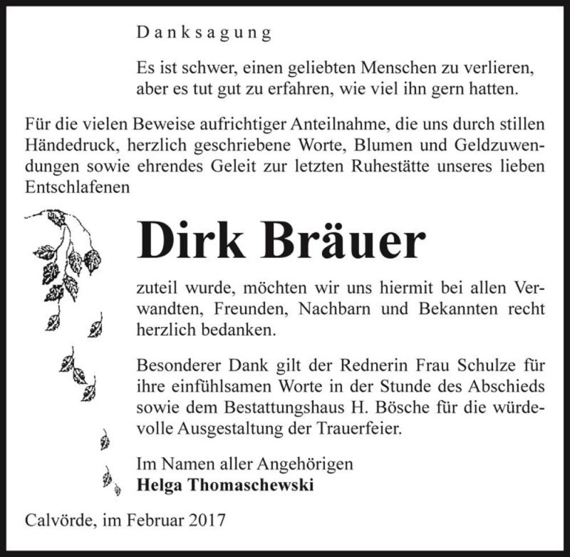  Traueranzeige für Dirk Bräuer  vom 10.02.2017 aus Magdeburger Volksstimme