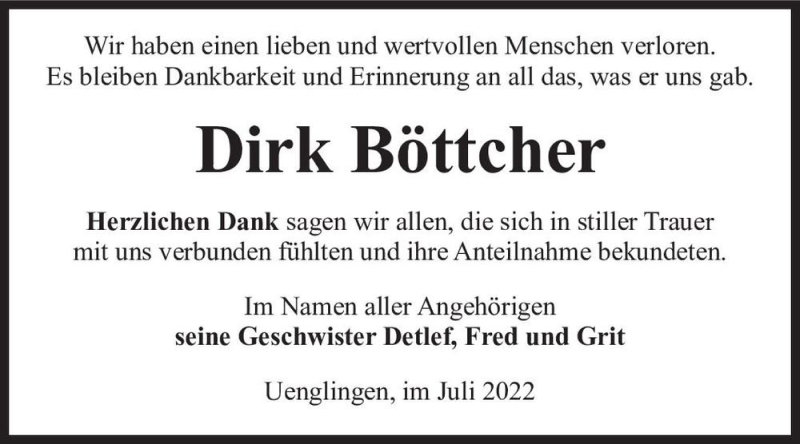 Traueranzeigen von Dirk Böttcher www.abschiednehmen.de