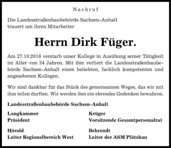 Traueranzeige von Dirk Füger  von Magdeburger Volksstimme