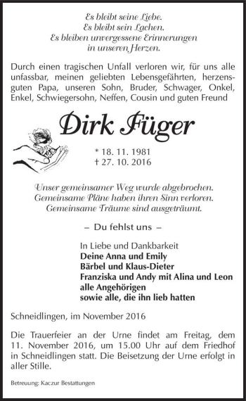 Traueranzeige von Dirk Füger  von Magdeburger Volksstimme