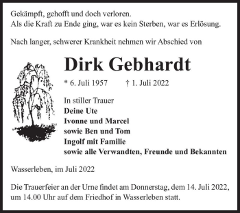 Traueranzeige von Dirk Gebhardt  von Magdeburger Volksstimme