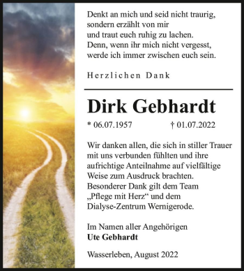 Traueranzeige von Dirk Gebhardt  von Magdeburger Volksstimme