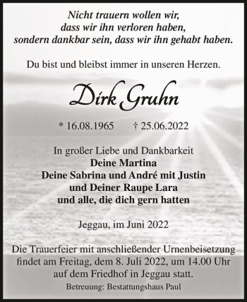 Traueranzeige von Dirk Gruhn  von Magdeburger Volksstimme
