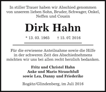 Traueranzeige von Dirk Hahn  von Magdeburger Volksstimme