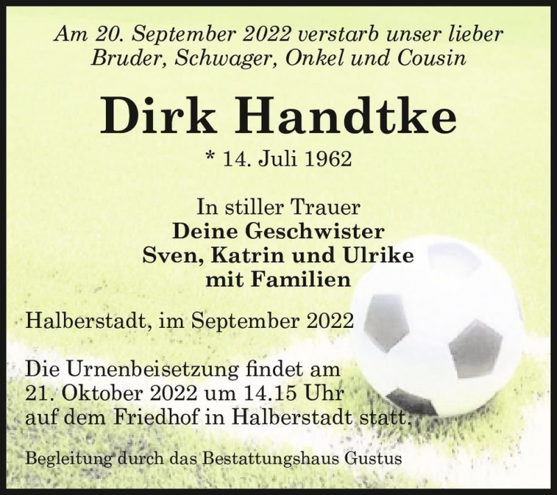  Traueranzeige für Dirk Handtke  vom 08.10.2022 aus Magdeburger Volksstimme