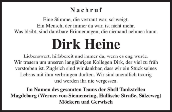 Traueranzeige von Dirk Heine  von Magdeburger Volksstimme