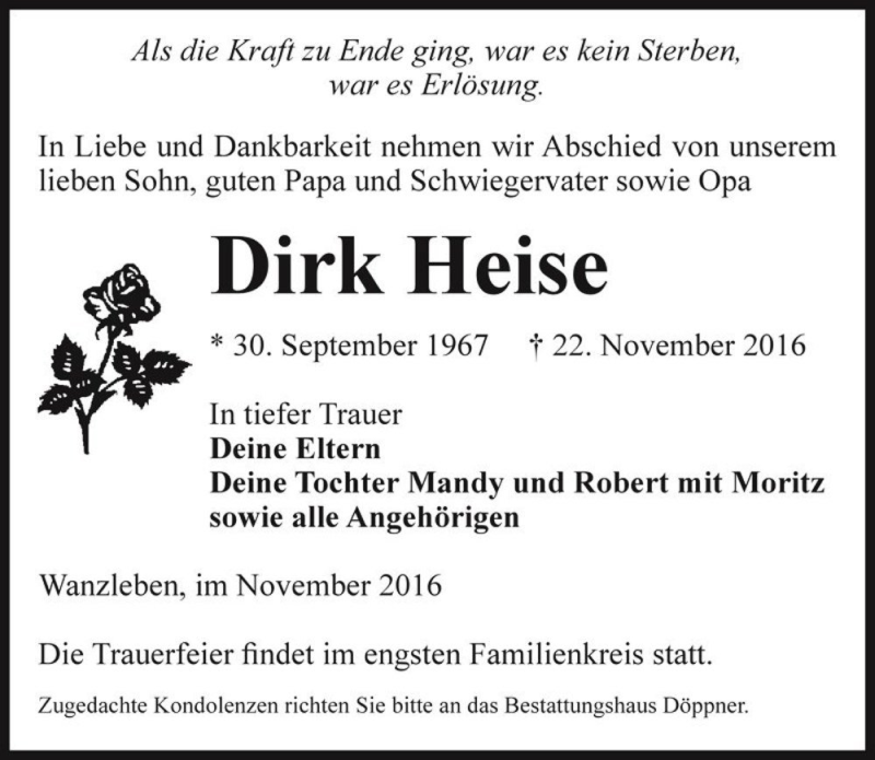  Traueranzeige für Dirk Heise  vom 26.11.2016 aus Magdeburger Volksstimme