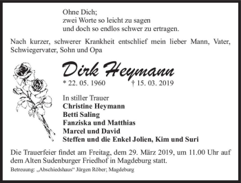 Traueranzeige von Dirk Heymann  von Magdeburger Volksstimme