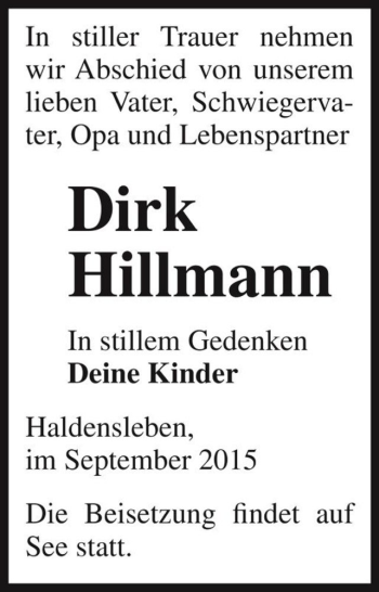 Traueranzeige von Dirk Hillmann  von Magdeburger Volksstimme