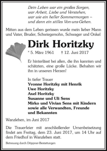 Traueranzeige von Dirk Horitzky  von Magdeburger Volksstimme