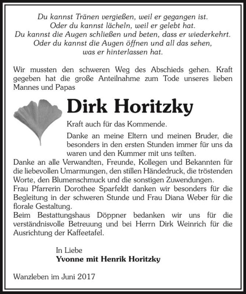  Traueranzeige für Dirk Horitzky  vom 01.07.2017 aus Magdeburger Volksstimme