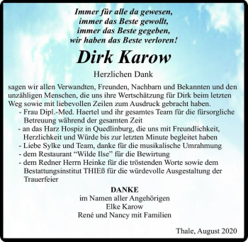 Traueranzeige von Dirk Karow  von Magdeburger Volksstimme