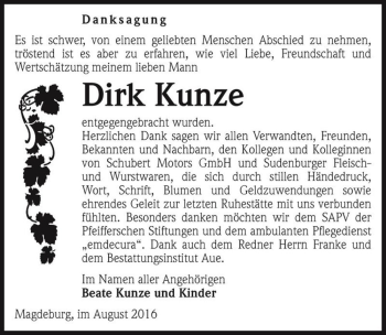 Traueranzeige von Dirk Kunze  von Magdeburger Volksstimme